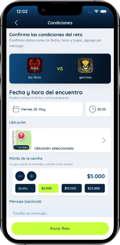 Pantalla de condiciones del reto para confirmar fecha, lugar y monto de la cancha