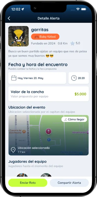 Detalle de una alerta: fecha, valor de la cancha, ubicación en el mapa y jugadores