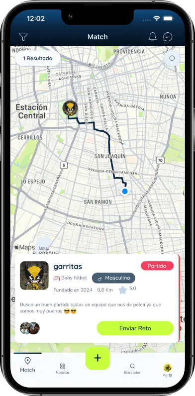 Mapa de Match con un equipo cercano buscando rival y el botón para enviar el reto